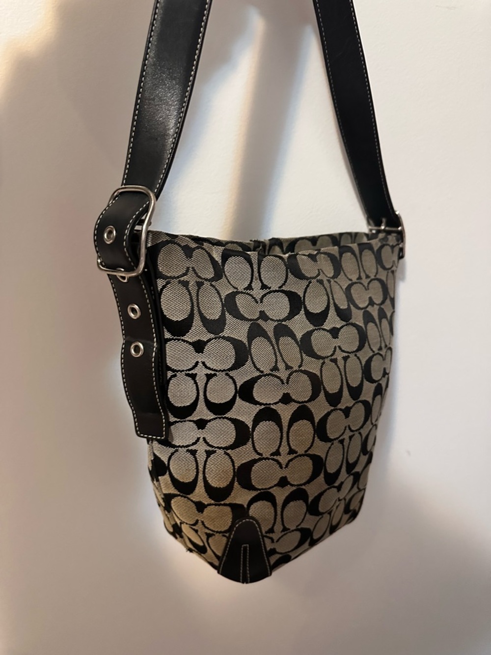 Coach Black and Tan Signature Jacquard Shoulder Bucket Bag